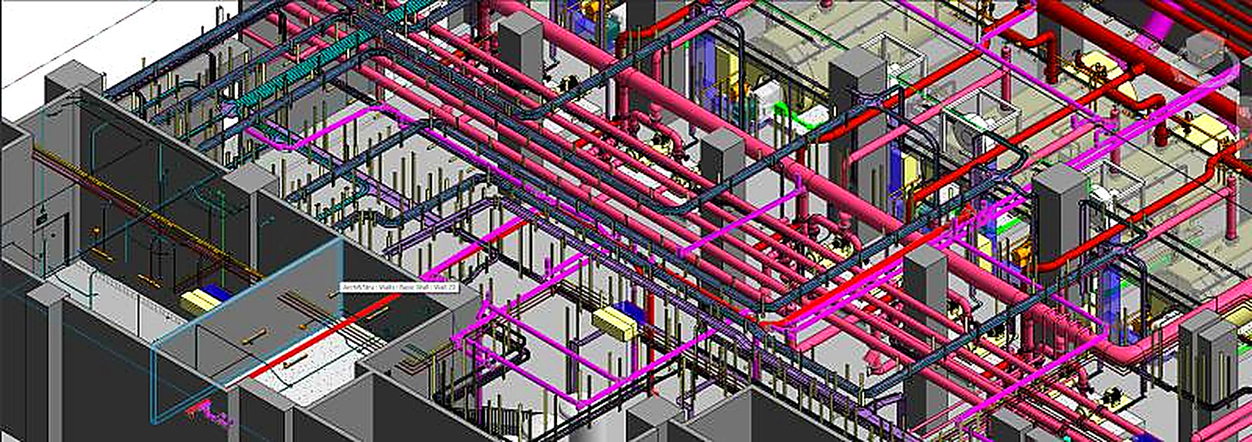 Dense Revit coordination view showing ducts, pipework, cable tray and conduit routed together above a ceiling