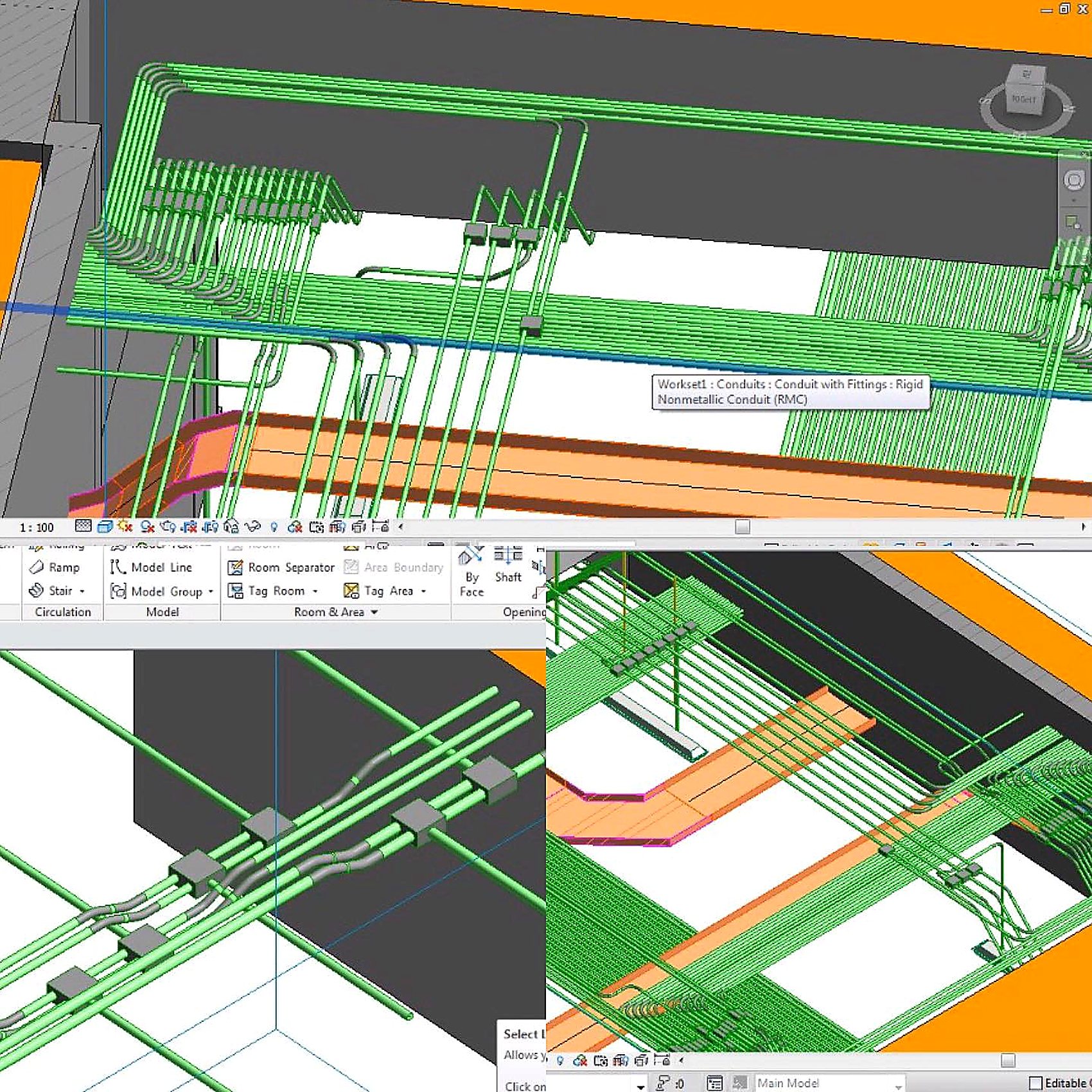 Revit 3D view of rigid nonmetallic conduit banks routed above a level slab