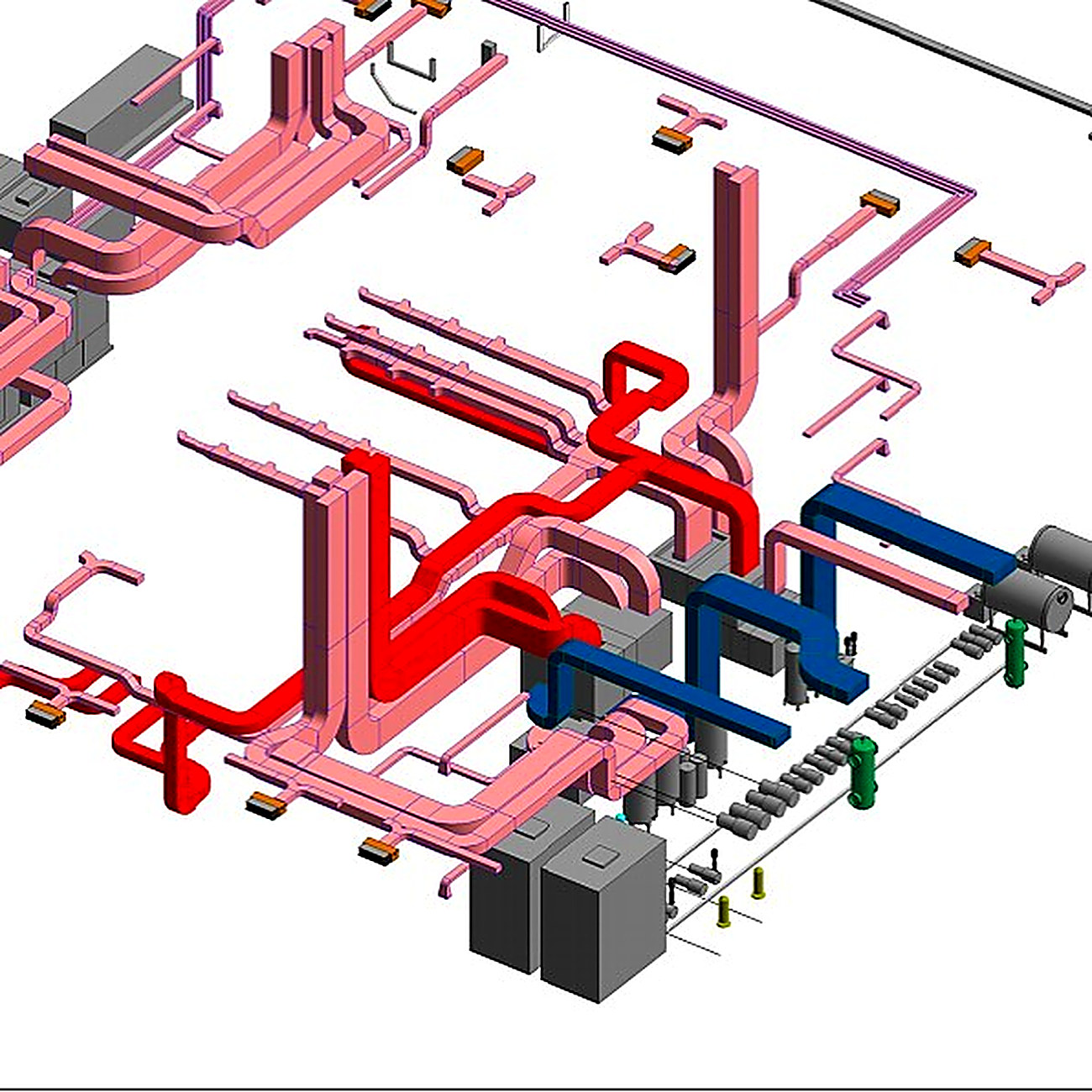 Revit model of a plant room with ductwork, chillers, pumps and pipework